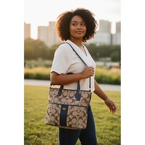COACH Crossbody Signature Foldover - Khaki/Navy F23304 Jacquard Tote